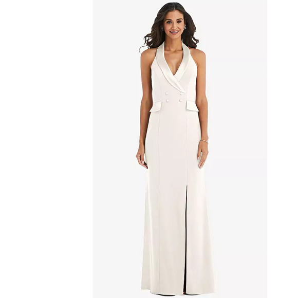 NEW! After Six Size 10 Crepe Halter Tuxedo Max Dress Ivory $242 msrp J2-13 - Picture 1 of 10